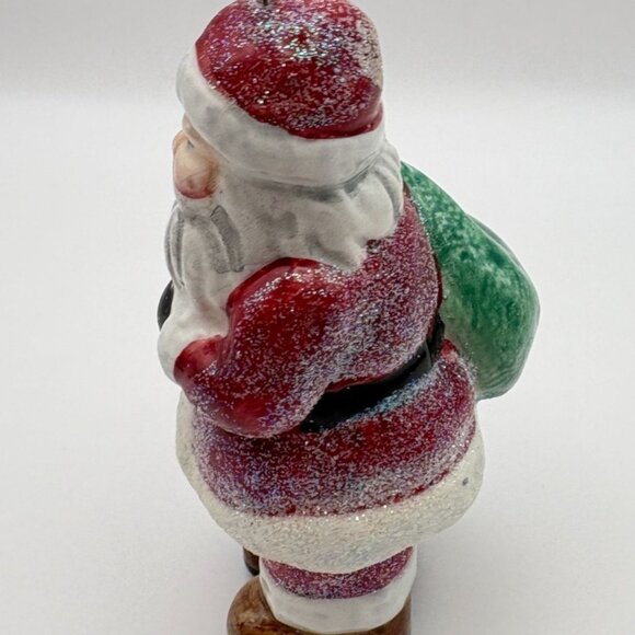 Vintage Santa Claus Christmas Tree Ornament with Glitter Accents Green Toy Sack - Picture 4 of 8